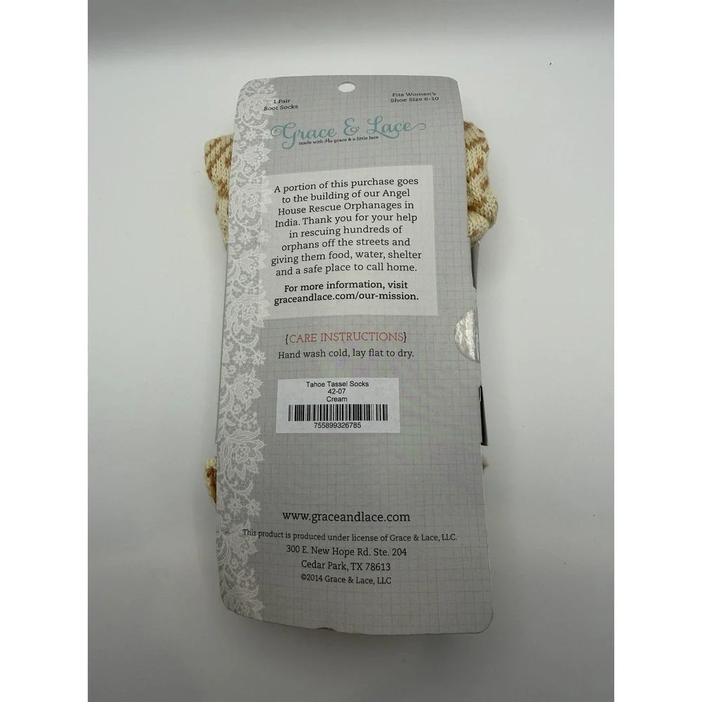 Grace & Lace Tahoe Tassel Boot Socks-Grey Sock, Cream Top-One Size-New With Tags
